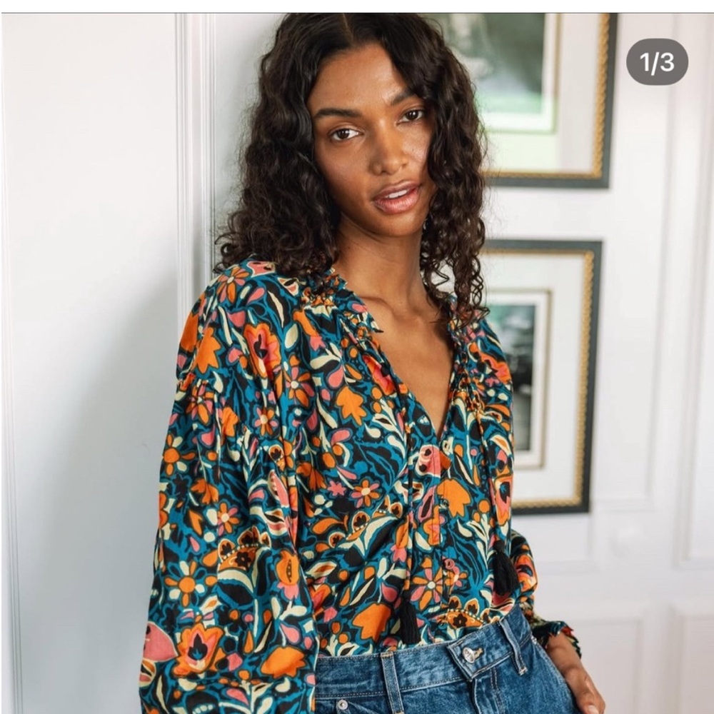 Cleobella Teal Floral Peasant Blouse with Orange & Pink Accents